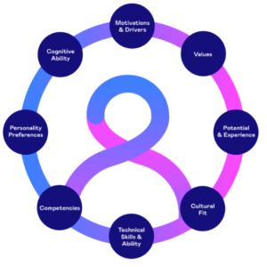 Blue, purple and pink intricate infographic demonstrating how all the different elements of leaderhip are identified and measured by SOVA report. Used for leadership enhancement and coaching