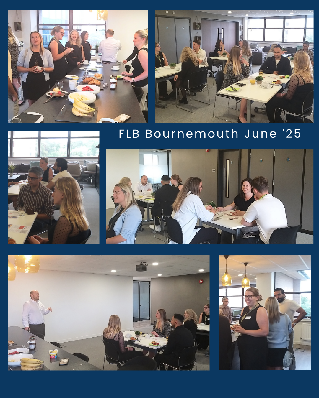 Photo collage of four square photographs of FLB Bournemouth's attendees.  They are all new leaders and are smiling, laughing and listening to one another.  They are all sat around tables.  This is leadership development networking
