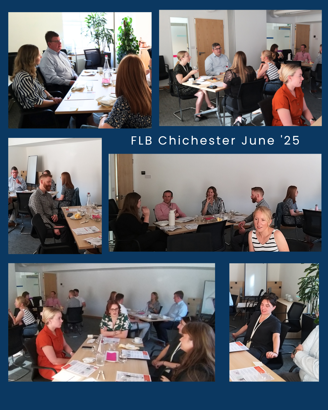 Photo collage on white background, showing images from previous Future Leaders Breakfast Chichester events. Text shows Future Leaders Breakfast logo plus "proudly supported by Irwin Mitchell " in navy writing.