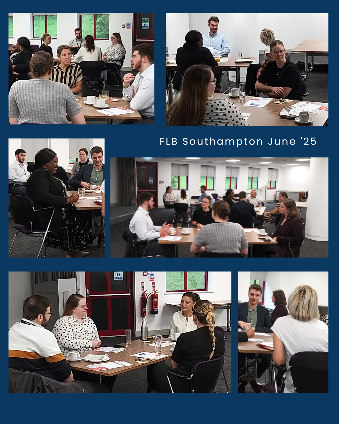 A photo collage of four rectangular photographs (two portrait orientation, two landscape).  These show attendees at a recent FLB Southampton discussing confidence as new leaders.  They all sit around tables enjoying leadership development networking